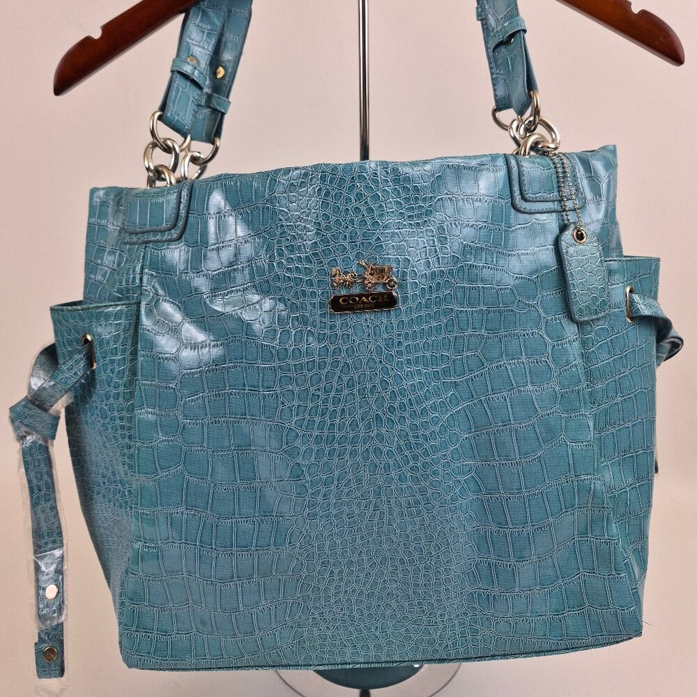 Coach Croc Embossed Leather Tote Teal Blue Shoulder Bag New Style 5659